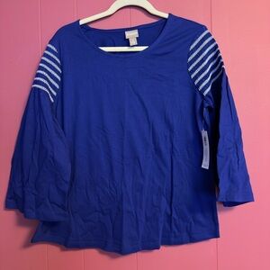 Chicos Stratus Blue Top with Striped Sleeves size 2     3/4 sleeve